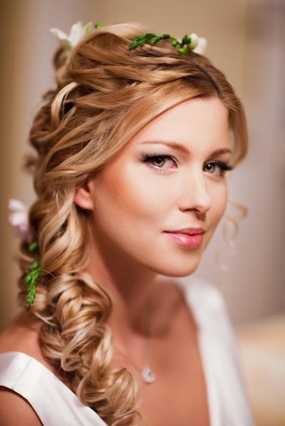 Wedding Loose Side Braided Hairstyles With Pink Flower Detail