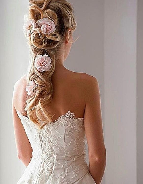 Half Up Half Down Wedding Hairstyles With Pink Flowers