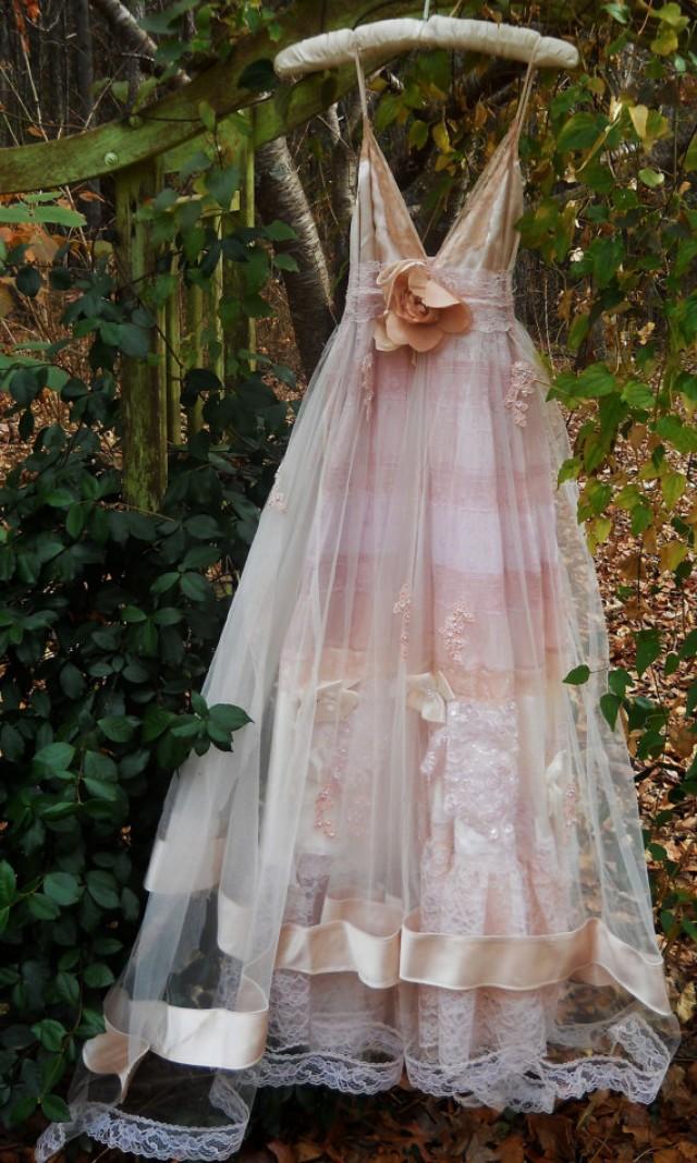 Blush Wedding Dress Vintage Tulle Satin Beading Ethereal Bohemian