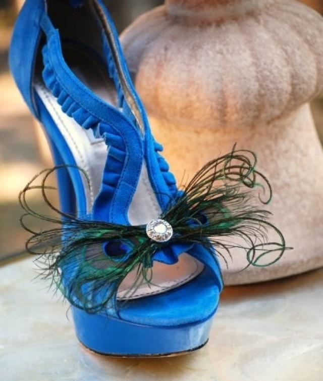 Shoe Clips Peacock Feather Bow. Bride Bridal Bridesmaid Steampunk