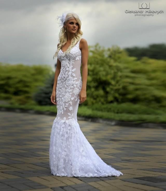 Lace Long Wedding Dress With Puddle Train Tulle Wedding Dress With Handmade Embellishments By