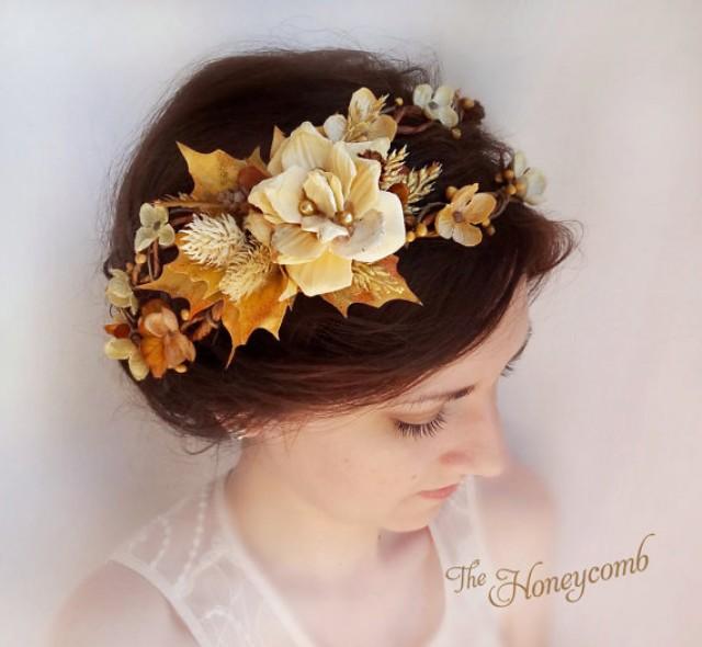 Fall Hair Accessories Flower Crown Wedding Headpiece Bridal Crown Autumn Gold Hair Accessory Cream Floral Hairpiece Tweedle Champagne New 2227137 Weddbook
